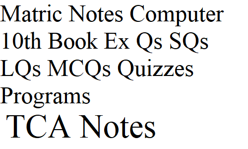 Matric Notes Computer 10th Matric Computer 10th, Book Exercise Questions, Long Questions, Multiple Choice Questions (MCQs), Quizzes, Programs