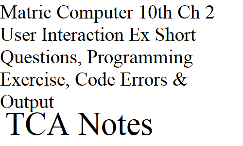 Matric Computer 10th Ch 2 User Interaction Ex Short Questions, Programming Exercise, Code Errors & Output